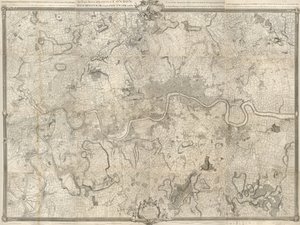 Een 18e-eeuwse kaart van Londen. Een exacte kaart van de steden Londen, Westminster, het district Southwark en het land binnen tien mijl eromheen begonnen in 1741 en geëindigd in 1745 / door John Rocque landmeter & (gegraveerd) door Richard Parr. door John Rocque