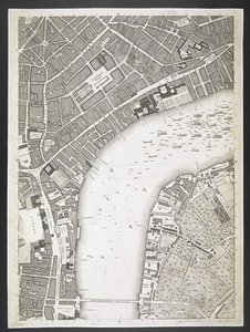 Plan van Londen, The Strand, Westminster bridge, Een plan van de steden Londen en Westminster, en het stadsdeel Southwark; Met de aangrenzende gebouwen; Van een daadwerkelijke survey, genomen door JOHN ROCQUE, Land-Surveyor, en gegraveerd door John Pine door John Rocque
