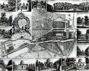 Plan van de Tuin en Uitzicht op de Huizen in Chiswick aan de Theems door John Rocque