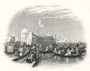 Het huwelijk van de zee. De praalwagen van de Doge en gondels op het water in Venetië door John Rogers (after) Herbert