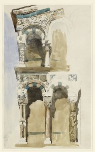 Deel van de gevel van de verwoeste kerk van San Michele in Foro, Lucca, geschetst in kleur, 30 juni - 1 juli 1846 door John Ruskin