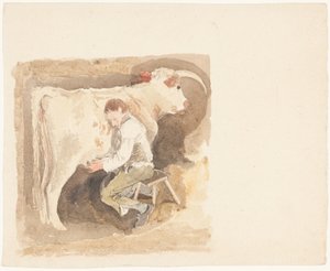 Jongen die een koe melkt door John Sell Cotman