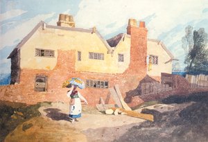 Huisjes met een Wasvrouw (Elm Hill, Norwich) ca. 1808-9 door John Sell Cotman