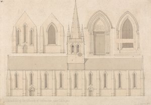 Elevatie van de kerk van Columbiers, bij Valognes, Normandië