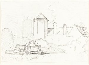 Schets van Gebouwen met Kar en Paarden op de Voorgrond door John Sell Cotman