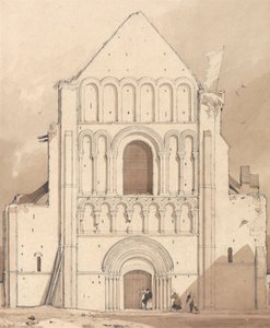 Westkant van de kerk van Oyestraham [Ouistreham], nabij Caen, Normandië door John Sell Cotman