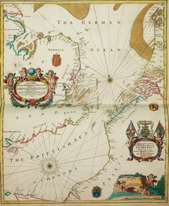 Een nieuwe kaart van de zeekusten van Engeland, Frankrijk en Holland, waarin de Engelse namen, ligging, windrichting en afstand van de verschillende havens, havens, kreken, zandbanken.