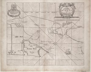 Kaart van Bombay en Sallset door Samuel Thornton, hydrographer van de Oost-Indische Compagnie, voor het eerst gepubliceerd circa 1685 door John Seller