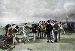De Armada in zicht, Plymouth hoe, 1880, 1911 door John Seymour Lucas