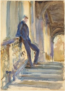 Sir Neville Wilkinson op de trappen van de Palladiaanse brug bij Wilton House, 1904-5
