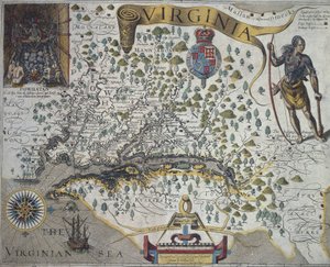 Kaart van Virginia: Inzet (linksboven) toont interieur van de hut van Indiaanse hoofdman Powathan door John Smith