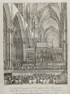 Concert ter herdenking van de 25e verjaardag van het overlijden van George Frederick Handel (1685-1759) - Zicht op de galerij voorbereid voor de ontvangst van hun Majesteiten de Koninklijke Familie