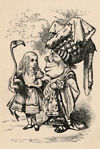 Alice draagt de ooievaar en praat met de hertogin, 1889