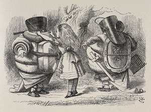 Alice kleedt Tweedledee en Tweedledum aan door John Tenniel