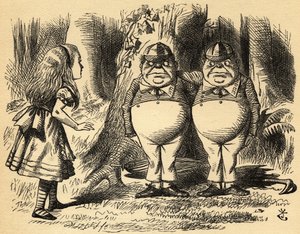 Alice met Tweedledum en Tweedledee. Illustratie door Sir John Tenniel