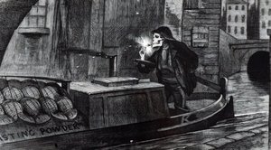 Campagnecartoon door John Tenniel die suggereert dat het Parlement veiligheidsvoorschriften moet invoeren voor de behandeling en het transport van explosieven na de vernietiging van een schuit met buskruit op het Regent