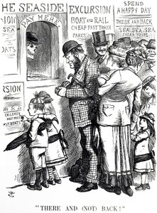Cartoon over de frequentie van ongevallen op overvolle excursietreinen door John Tenniel