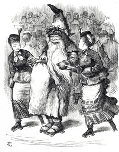 Cartoon die de Kerstman toont op rolschaatsen door John Tenniel