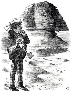 Cartoon die premier Benjamin Disraeli afbeeldt die het Suezkanaal vasthoudt als de sleutel tot het Britse bezit en de invloed in India door John Tenniel