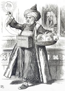Cartoon die William Ewart Gladstone als Aladdin afbeeldt door John Tenniel