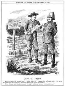 Cecil John Rhodes, Engels-Zuid-Afrikaanse staatsman, vraagt de Duitse keizer om toestemming om een telegraaflijn door Duits Oost-Afrika te leggen. Kaap naar Caïro, cartoon door John Tenniel uit Punch, Londen, 22 maart 1899. Gravure door John Tenniel
