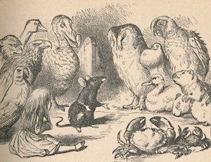 Illustratie voor het hoofdstuk een Caucus-Race en een lange staart. Alice en verschillende wezens door John Tenniel