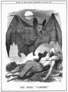 Ierse Nationale Liga, met het gezicht van Charles Stewart Parnell (1846-1891), afgebeeld als een vampier die zich voedt met Ierland. John Tenniel cartoon uit Punch Londen, 24 oktober 1885. Gravure door John Tenniel