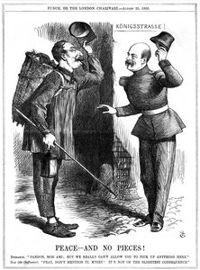 Napoleon III, Franse keizer 1852-1870, verkleed als voddenraper (Chiffonnier), gewaarschuwd door Otto von Bismarck, de Pruisische kanselier. Napoleons territoriale ambities leidden tot de Frans-Pruisische Oorlog van 1870-71. John Tenniel cartoon uit Punch, door John Tenniel