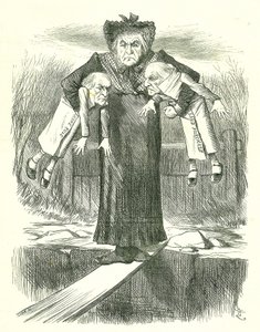 Set Down Two, and Carry One?: Gladstone, de Britse premier, in een dilemma over welke van de controversiële Ierse wetsvoorstellen hij moet laten vallen. John Tenniel cartoon uit Punch, Londen, 3 april 1886 door John Tenniel