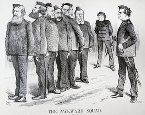 THE AWKWARD SQUAD. John Tenniel cartoon. De moeilijkheden die Disraeli had met verschillende meningen in zijn kabinet over beleid inzake de Russisch/Turkse oorlog door John Tenniel