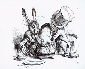 De Gekke Hoedenmaker en de Maartse Haas stoppen de Zevenslaper in de theepot, illustratie uit 