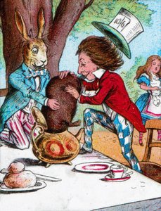 De Gekke Hoedenmaker en de Maartse Haas proberen de Zevenslaper in een theepot te stoppen, c1910 door John Tenniel