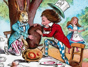 De Gekke Hoedenmaker en de Maartse Haas proberen de Zevenslaper in een theepot te stoppen, ca. 1910 door John Tenniel