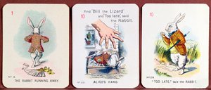 Drie Happy Family kaarten met personages uit Alice in Wonderland door Lewis Carroll
