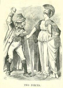 Twee Krachten: Ierse Land Liga verboden. Britannia beschermt Hibernia (Ierland) met de Kracht van de Wet tegen de Kracht van Anarchie. John Tenniel cartoon uit Punch, Londen, 29 oktober 1881. door John Tenniel