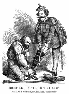 Eenwording van Italië: Giuseppe Garibaldi helpt Victor Emmanuel II de laars van Italië aan te trekken. John Tenniel cartoon uit Punch, Londen door John Tenniel