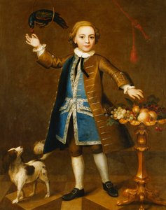 Portret van een jongen, volledig lengte, in een bruine jas, blauw vest met zilveren vlecht, met een kers voor een papegaai, een spaniël aan zijn zijde, met fruit op een standaard, 1741