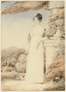 Portret van Ann Miles, later mevrouw John Sell Cotman, ten voeten uit, haar rechterhand houdt een parasol vast, haar linkerarm rust op een sokkel, 1805 door John Thirtle