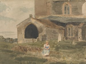 Jong Meisje Zittend op een Bank Buiten een Kerk
