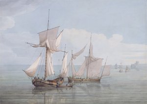 Een Hoy en een Lugger met andere schepen op een kalme zee