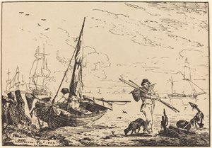 Marine: Vissersboten aan de Kust, Man met Roeispanen, Schip in de Verte