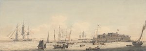 Zicht op Kasteel Cornet, Guernsey, Kanaaleilanden, met Schepen door John Thomas Serres