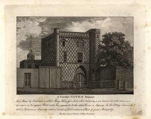Een curieuze poort in bont metselwerk genaamd St John Gate, het oudste huis in Stepney door John Thomas Smith
