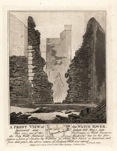 Vooraanzicht van de Wachttoren of Barbican in de Stadsmuur ontdekt nabij Ludgate Hill, 1 mei 1792 door John Thomas Smith