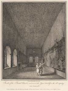 Binnen de Painted Chamber zoals het was in het jaar 1800 voordat het oude wandtapijt werd verwijderd