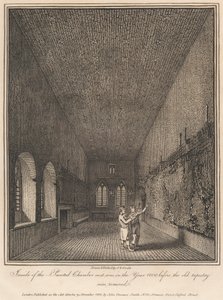 Binnenkant van de Painted Chamber zoals het was in het jaar 1800 voordat het oude wandtapijt werd verwijderd door John Thomas Smith
