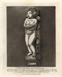 Monument van een jongen op Pye Corner, Smithfield, ter markering van de Brand van Londen in 1666 in nabijgelegen Pudding Lane door John Thomas Smith