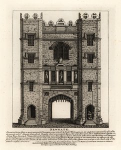 Newgate, herbouwd in 1672 na de Brand van Londen, met drie figuren Gerechtigheid, Moed en Voorzichtigheid van de voormalige poort gebouwd door burgemeester van Londen Richard Wittington door John Thomas Smith