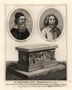 Ovale portretten van naturalisten en verzamelaars John Tradescant de Oudere en Jongere, en hun grafmonument in de kerk van St Mary Lambeth door John Thomas Smith