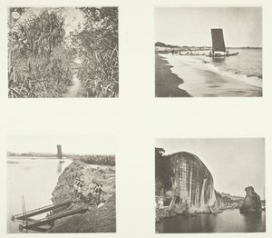 Een Landweg nabij Taiwanfu, Een Catamaran, Kettingpompen, Rotsinscripties, Amoy, ca. 1868 door John Thomson